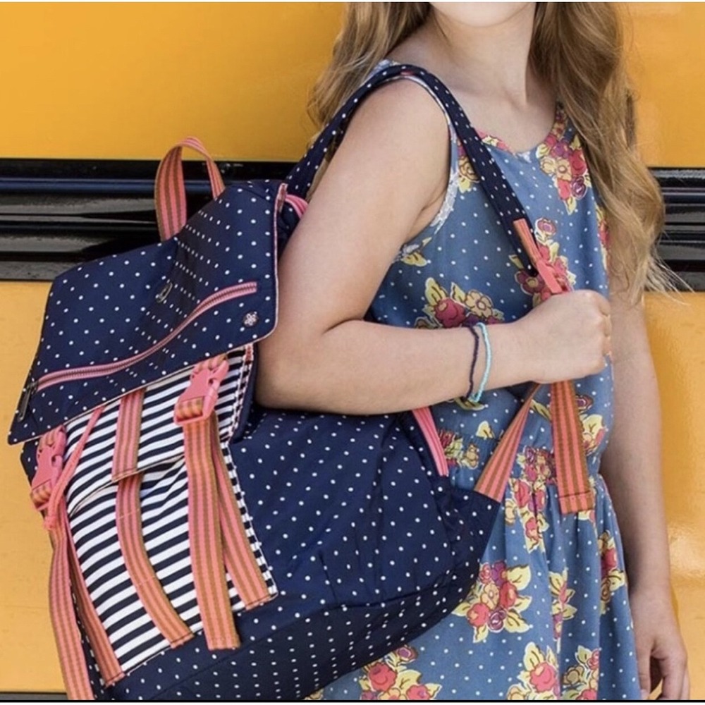 NWT Girls 435 by Matilda Jane A+ Backpack Navy Blue White Polka Dot School Bag